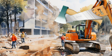 Die Illustration zeigt eine Baustelle, mit Bauarbeitern und Bagger. Oben rechts ist das Logo der Rubrik "Astloch des Monats"(Axt und Säge) eingefügt.