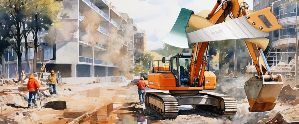 Die Illustration zeigt eine Baustelle, mit Bauarbeitern und Bagger. Oben rechts ist das Logo der Rubrik "Astloch des Monats"(Axt und Säge) eingefügt.