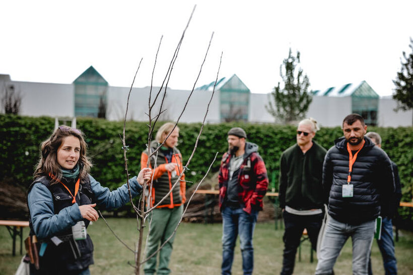 Eine Frau hält einen noch kahlen Jungbaum und zeigt auf die Verzweigung der Krone, im Hintergrund zuhörende Tagungsteilnehmer.