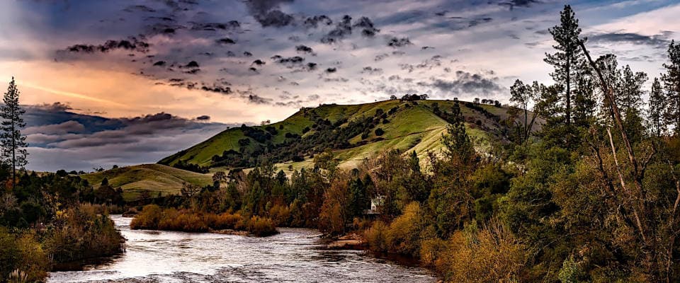 Kann man Meere, Flüsse und Wälder besser schützen, indem man sie als Rechtssubjekte anerkennt und ihnen damit eigene Rechte zuspricht? Hügelige Landschaft mit Fluss