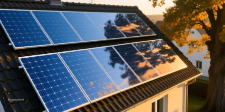 Hausdach mit Solarpanelen, auf die der Schatten einer Baumkrone fällt.