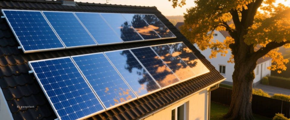 Hausdach mit Solarpanelen, auf die der Schatten einer Baumkrone fällt.