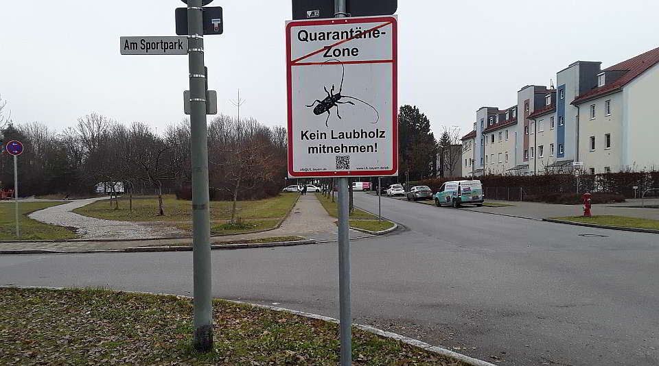 Quarantäneschild Das Schild zeigt den Rand der jetzt aufgelösten Quarantänezone an. Foto: LfL