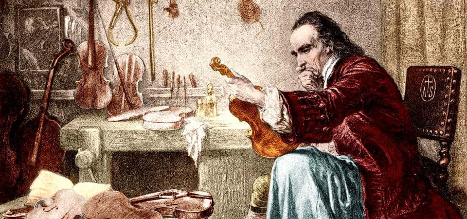Wo Stradivari das Holz für seine Geigen herbekam Colorierter Stich Stradivari begutachtet eine Violine