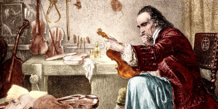 Wo Stradivari das Holz für seine Geigen herbekam Colorierter Stich: Stradivari begutachtet eine Violine