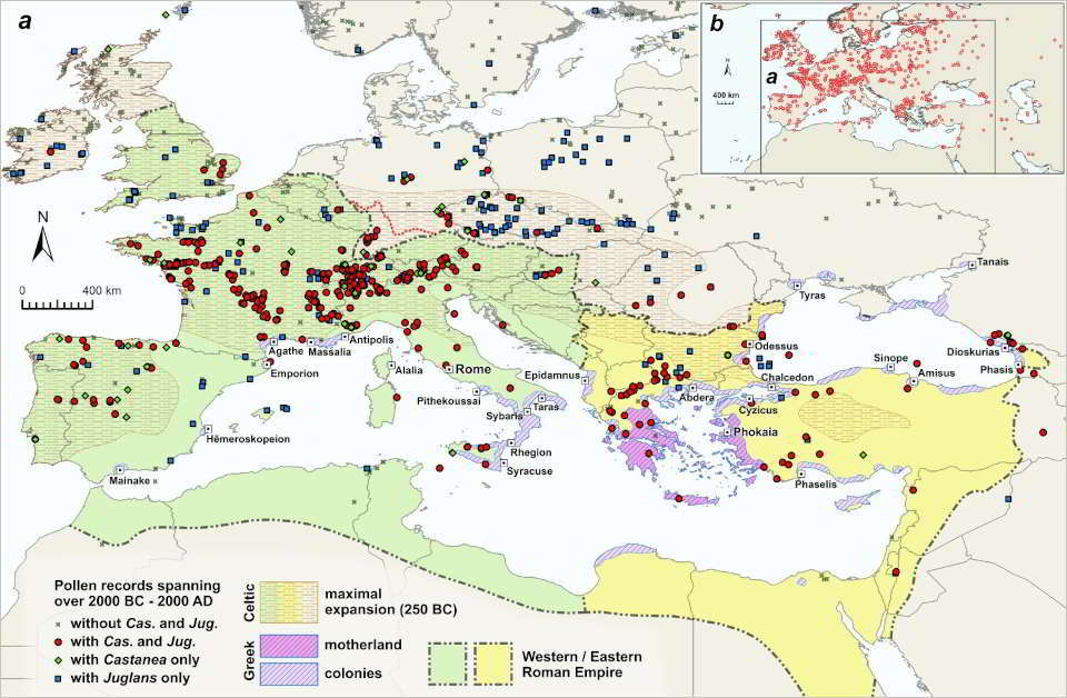 Verbreitungskarte der Kastanien- und Baumnusspollen